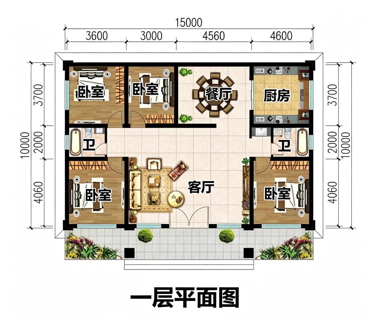 一层农村自建房设计,背面不开窗,15乘10米,内部布局超实用