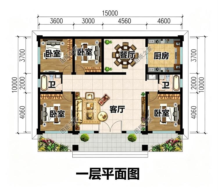 一层农村自建房设计，背面不开窗，15乘10米，内部布局超实用