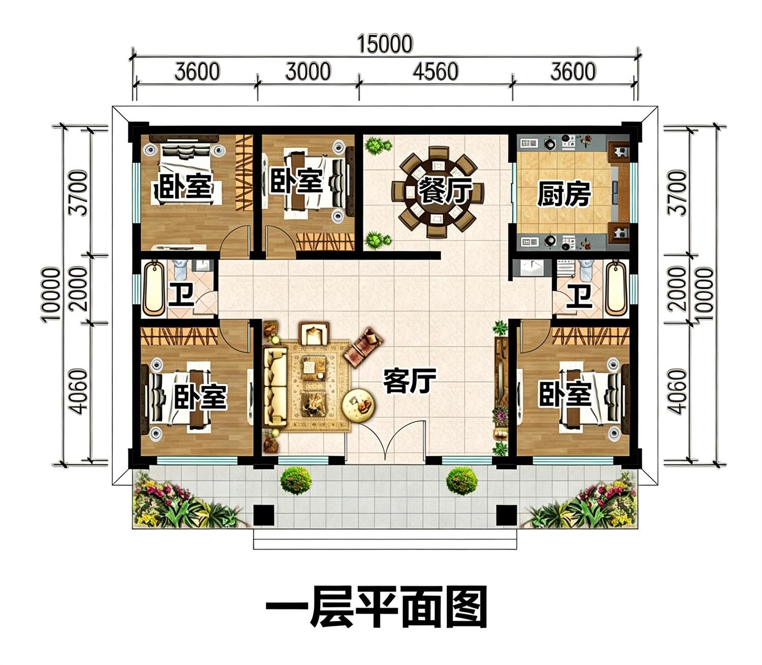 一层农村自建房设计,背面不开窗,15乘10米,内部布局实用
