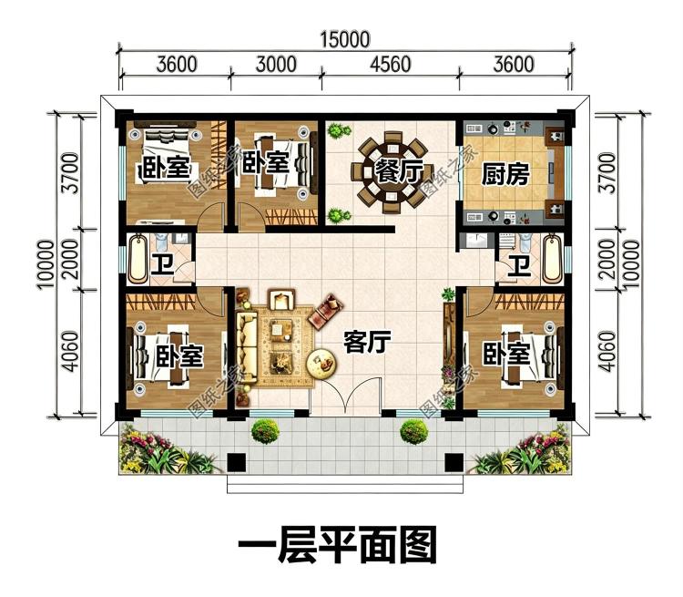 一层农村自建房设计,背面不开窗,15乘10米,内部布局实用