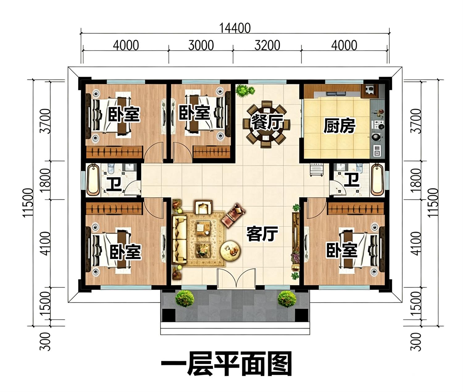 一层农村自建房设计,背面不开窗,15乘10米,内部布局实用