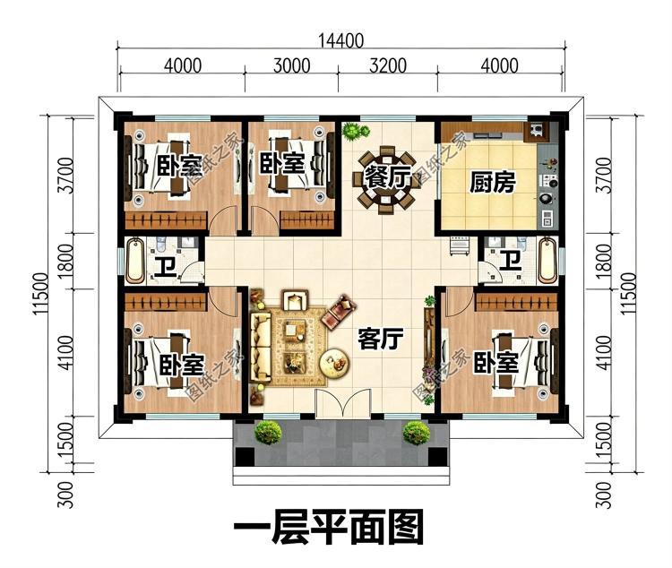一层农村自建房设计,背面不开窗,15乘10米,内部布局实用