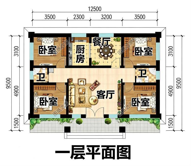 110平米一层小别墅设计方案,布局四室两厅一厨两卫