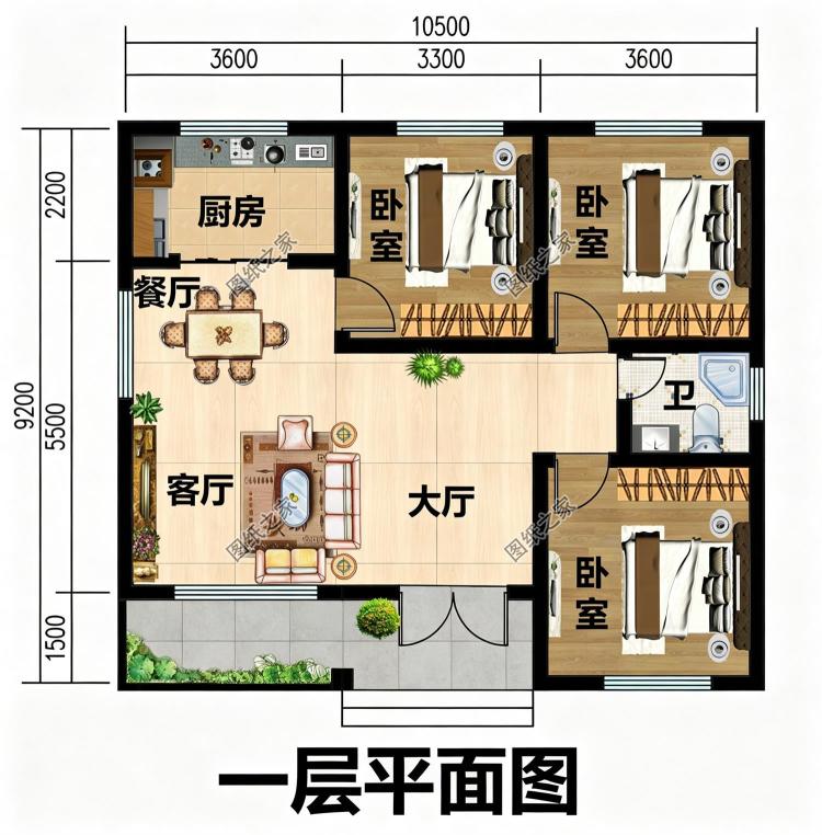 养老首选90平-100平小户型一层三间农村别墅设计图方案户型