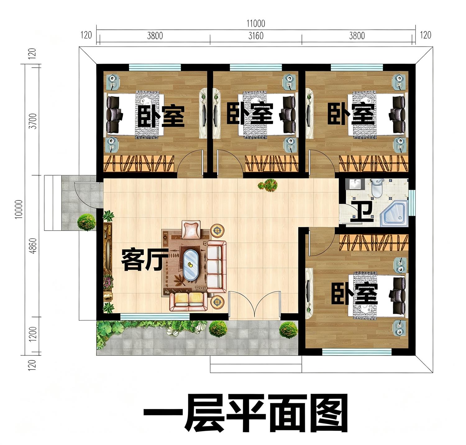 90平-100平小户型一层三间平房农村别墅设计图方案户型