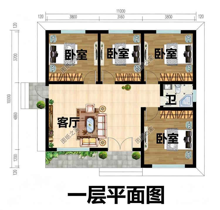 90平-100平小户型一层三间平房农村别墅设计图方案户型