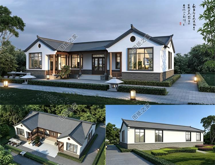 一层中式三合院农村自建别墅图,面宽18米带堂屋设计