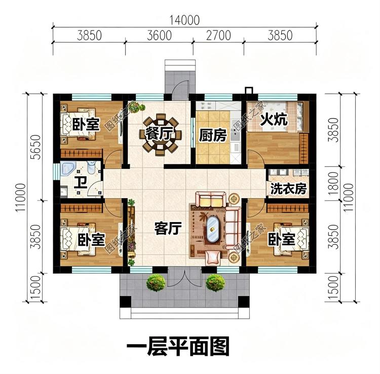14x11米一层平房户型设计图，带前后门设计，好看不贵还实用！