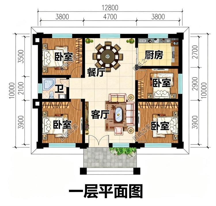 12.8乘10米一层平房别墅设计图，四室二厅南北通透