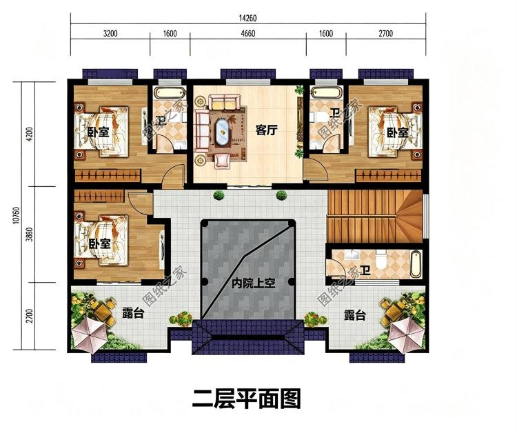 经济小户型二层中式四合院(三合院)设计图纸,带堂屋和庭院