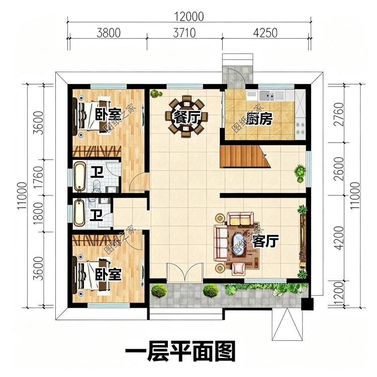 12米乘11米三层现代风自建房设计图,平屋顶设计