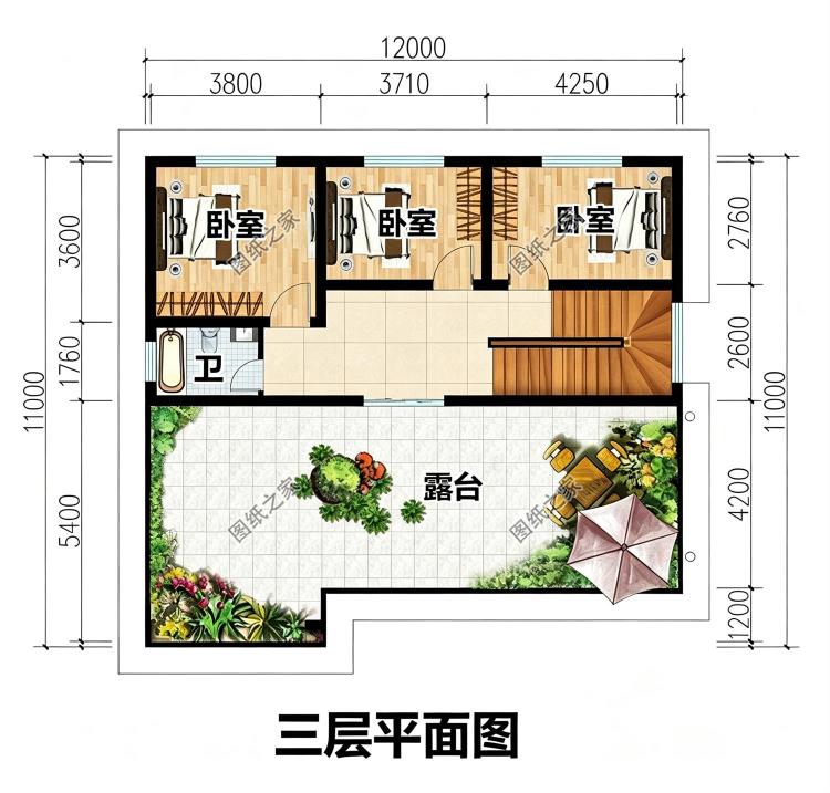 12米乘11米三层现代风自建房设计图,平屋顶设计