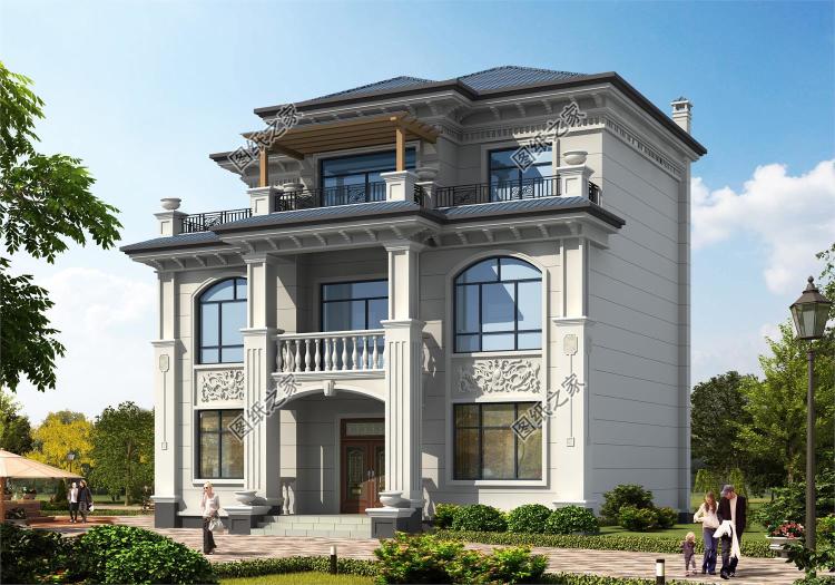 新中式农村自建三层建筑施工设计图纸，外观效果图