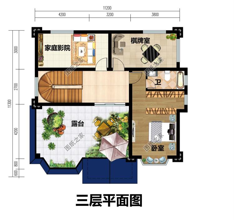 120平农村三层自建房屋设计图,旋转楼梯复式别墅户型方案