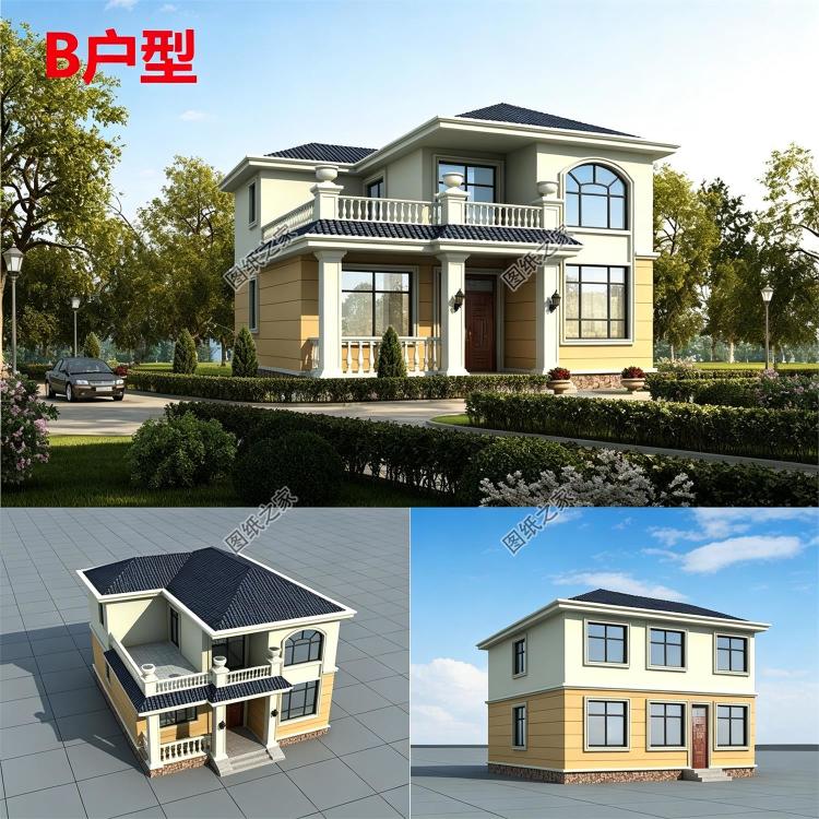 100平方米左右新农村二层房屋设计建筑CAD图纸带外观效果图