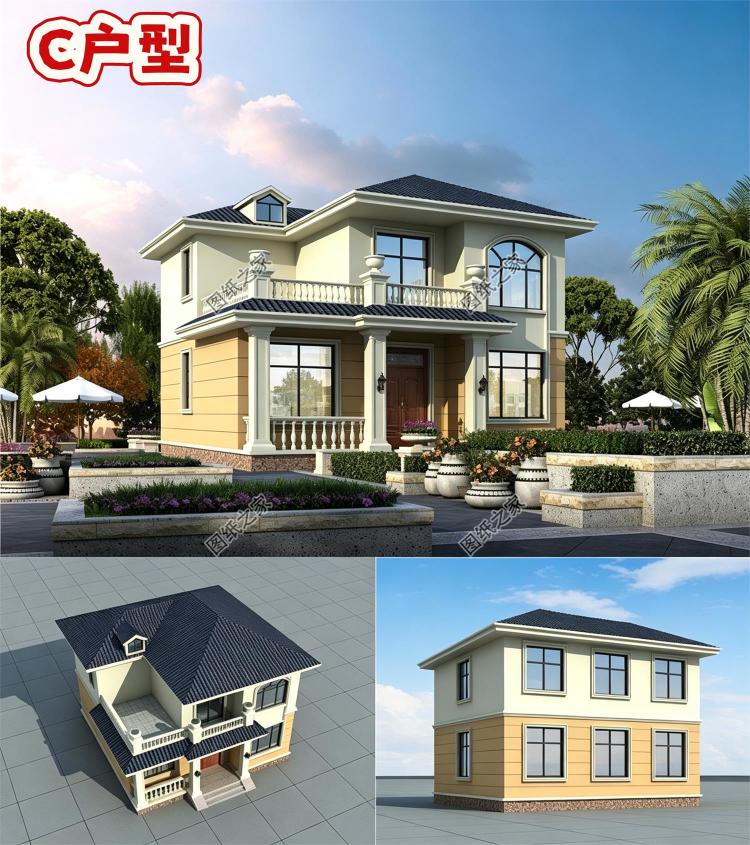 100平方米左右新农村二层房屋设计建筑CAD图纸带外观效果图