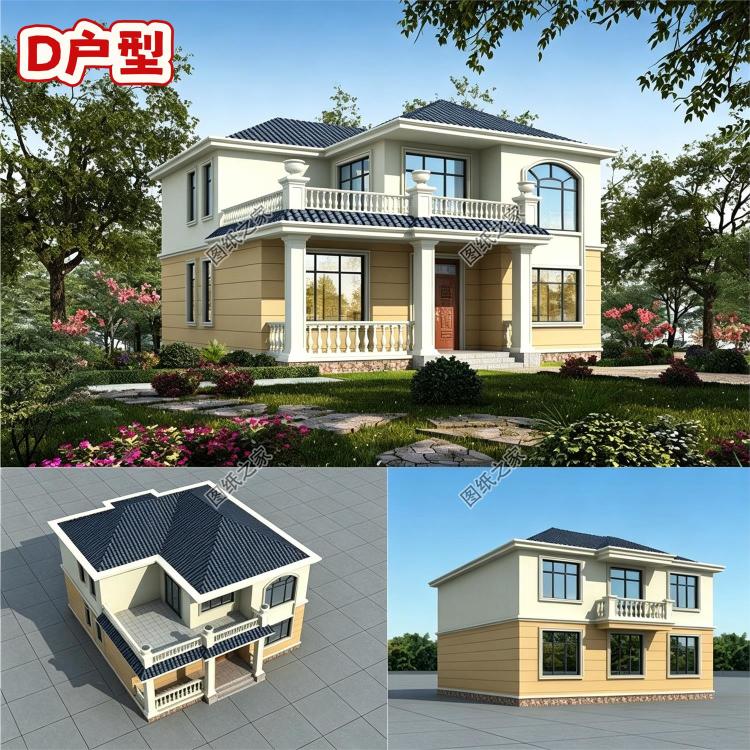 100平方米左右新农村二层房屋设计建筑CAD图纸带外观效果图