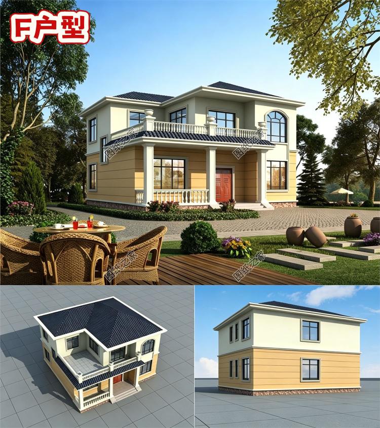 100平方米左右新农村二层房屋设计建筑CAD图纸带外观效果图