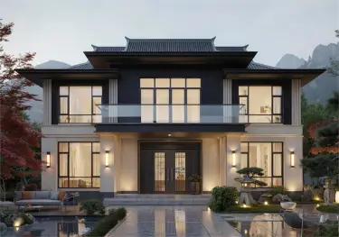新宋风二层自建别墅设计图，带旋转楼梯，尽显宋代诗意美学
