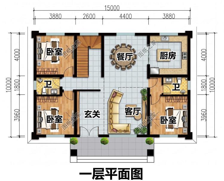 四开间新中式二层自建房设计图，配色清新雅致