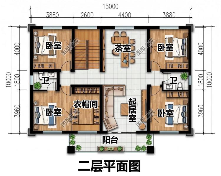 四开间新中式二层自建房设计图，配色清新雅致