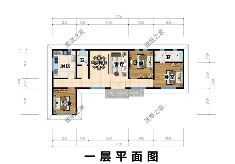 中式简约风格七字形一层平房设计图纸及外观图