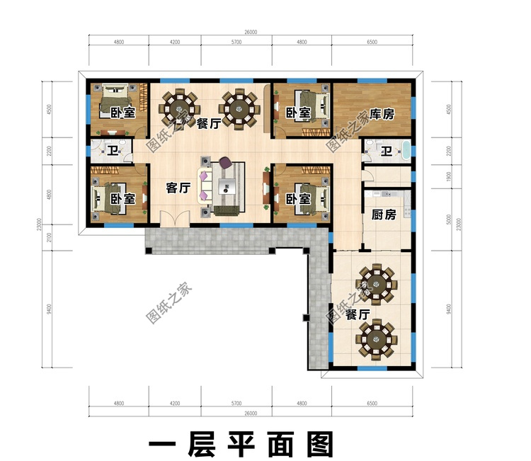 新中式L型一层别墅设计图,大面积户型设计