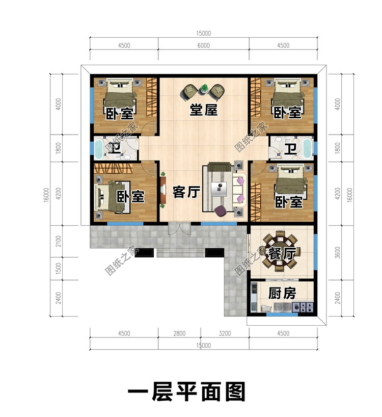 七字型一层平房别墅设计图纸,15X16米