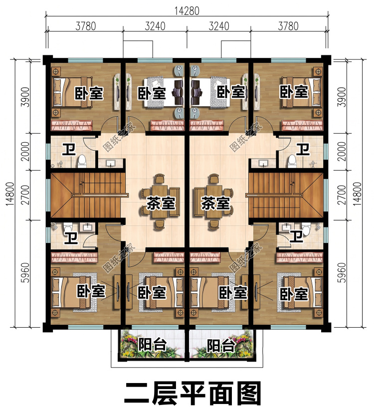 双拼农村别墅二层设计图,兄弟一起建,大气又省钱