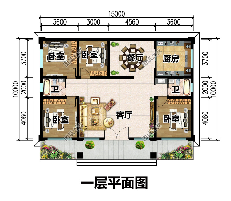 一层农村自建房设计，背面不开窗，15乘10米，内部布局超实用